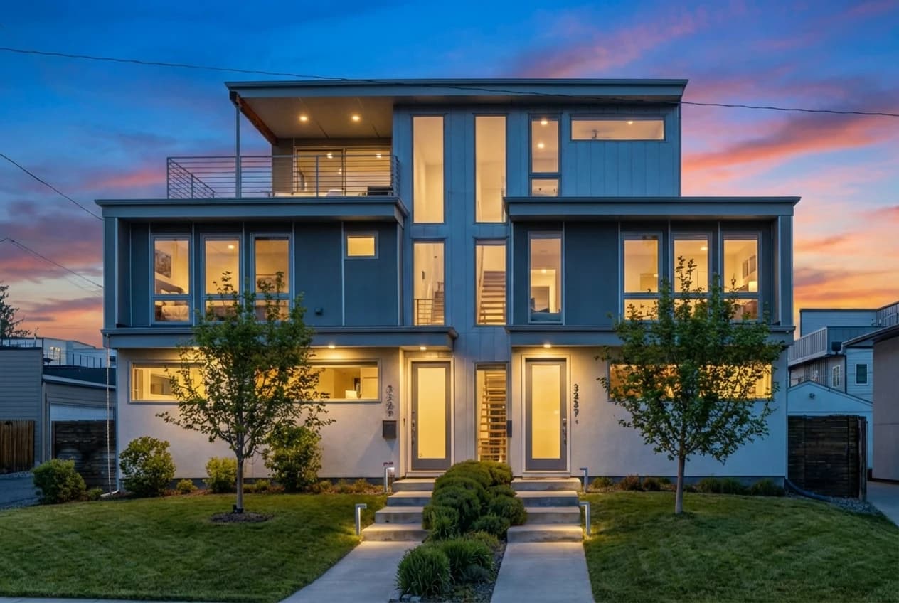 Twilight exterior of 3227 W 20th Ave.